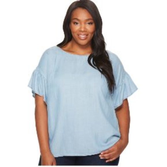 NWT Two By Vince Camuto Plus Size Ruffle Sleeve Chambray Bleach Blue Blouse Top - Picture 2 of 2